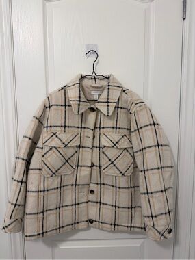 Topshop Cream Plaid Teddy Jacket with Black & Tan Checks
